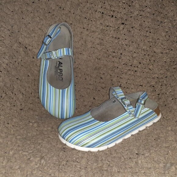 BIRKENSTOCK-ALPRO-Birko Flor Mary Jane Slingback Clogs-Striped-Sz 8-Near Mint - Picture 1 of 8